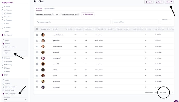 Gatsby Filters for DM Keywords and Email Connected