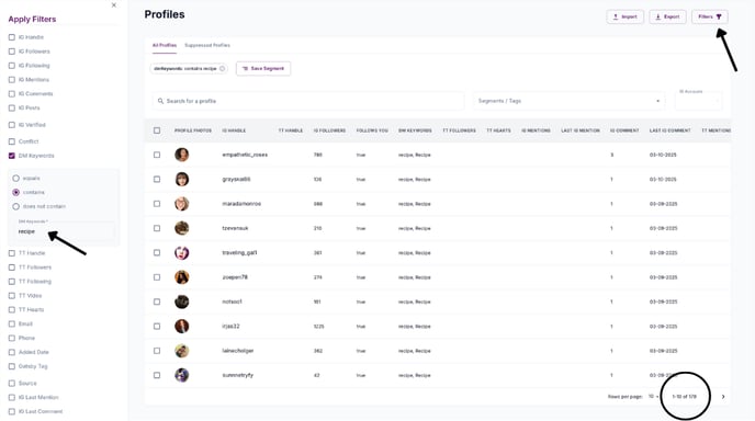 Gatsby Filters for DM Keywords