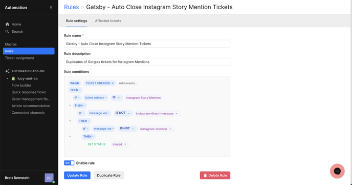 Rule 2: Gatsby - Auto Close Instagram Story Mention Tickets