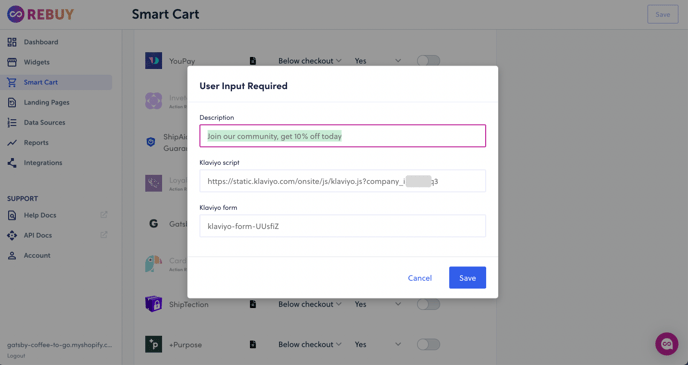 klaviyo form info for Gatsby smartcart app